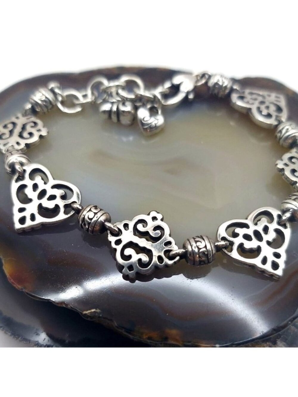 Retired Brighton Geneva Heart Silver Plated Open Scrollwork Bracelet Adjustable